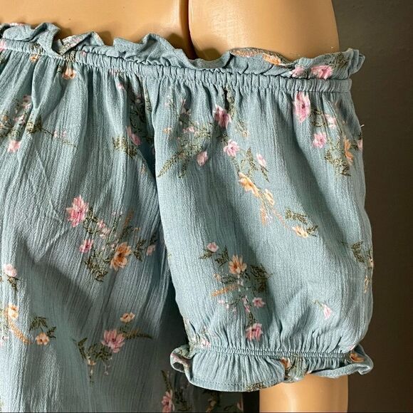NWT Pink Rose Turquoise Floral On or Off Shoulder Croptop Blouse Size Large - Picture 4 of 12